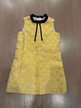 Sleeveless Yellow Jacquard Dress with Navy Neck Tie
